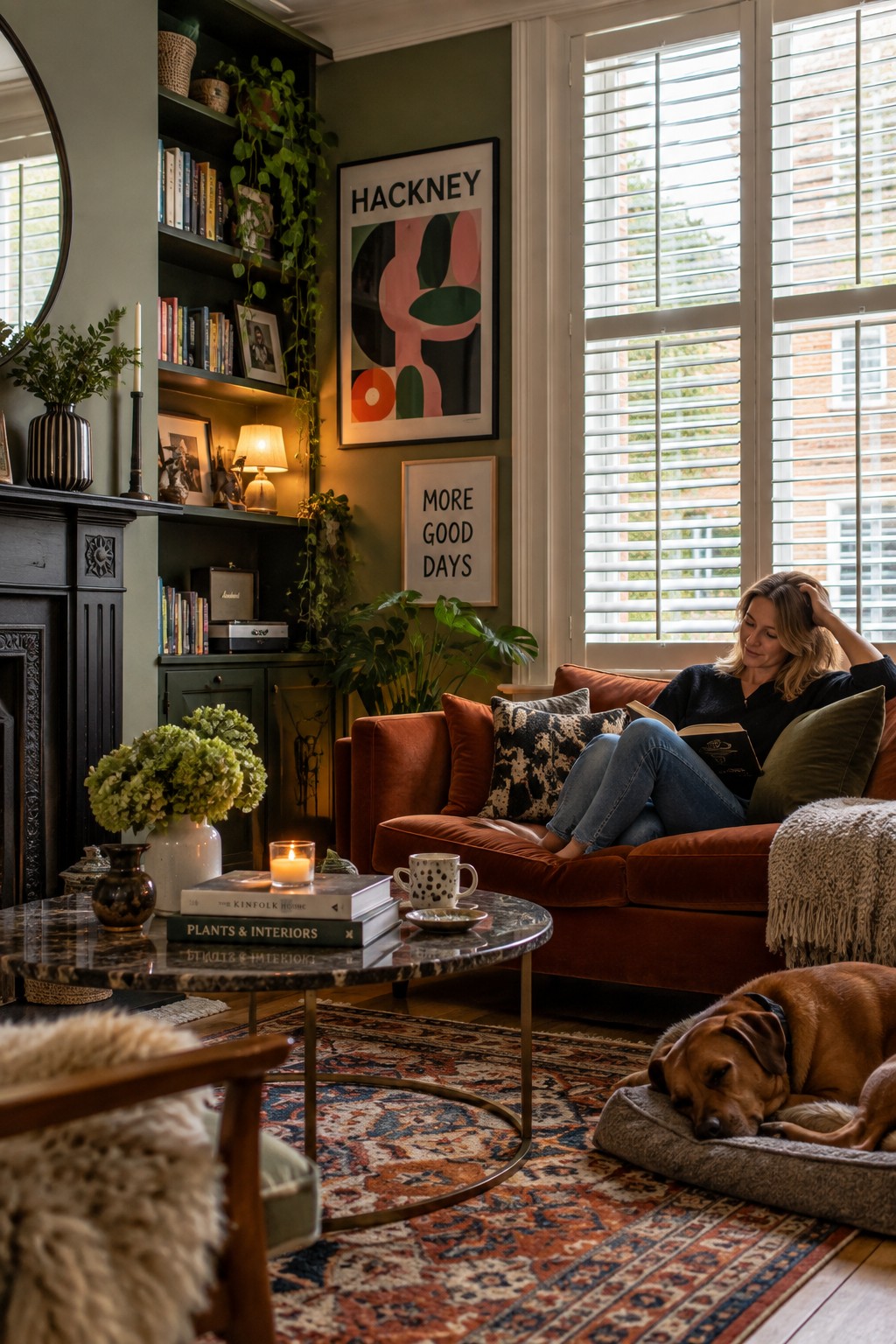 Café style shutters in a compact Bethnal Green flat with colourful East London styling