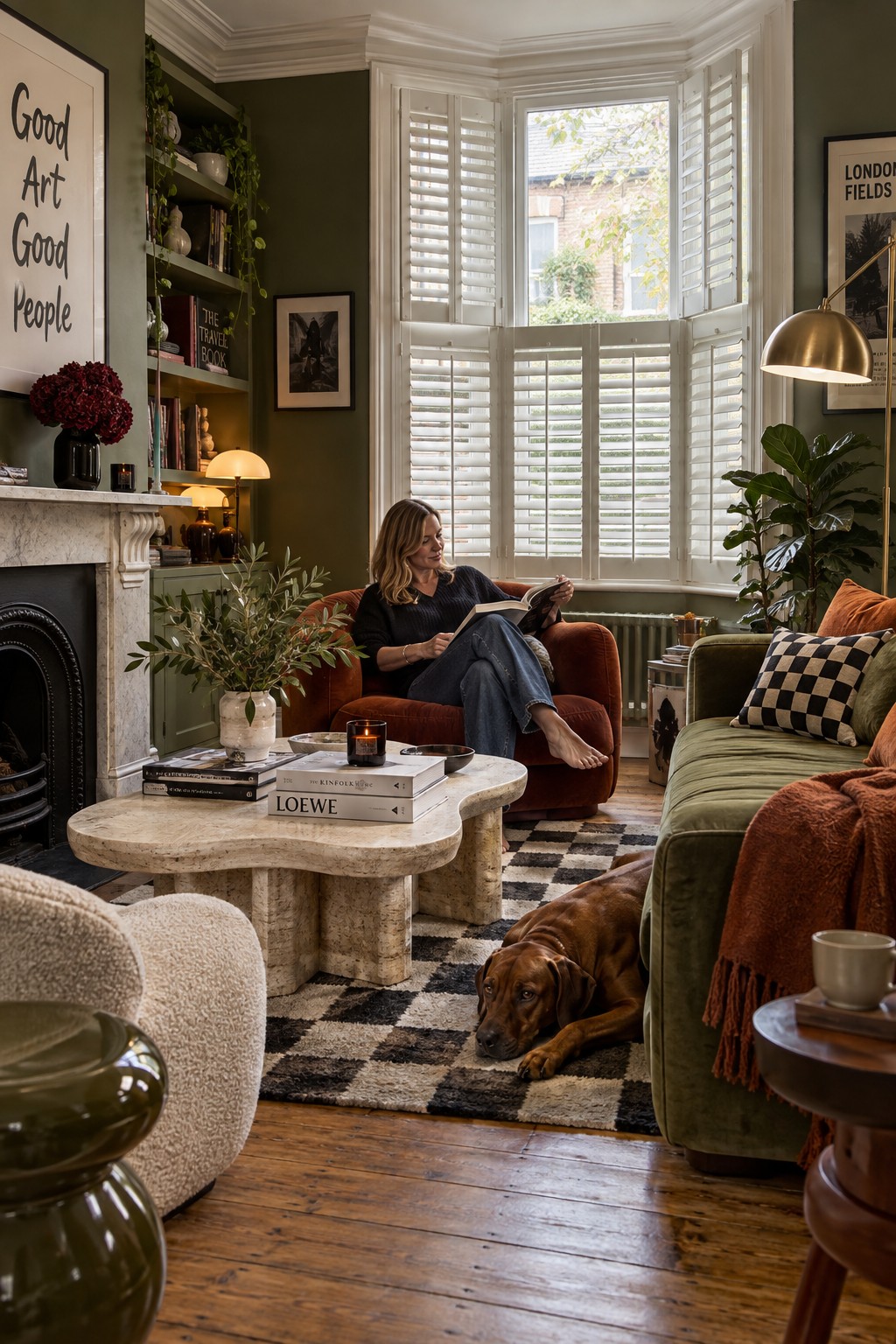 Tall sash window shutters in an eclectic Clapton sitting room