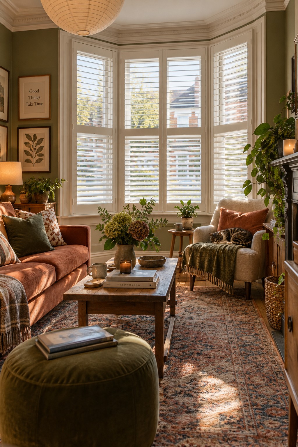 Bay window shutters in a colourful Victorian Forest Gate front room
