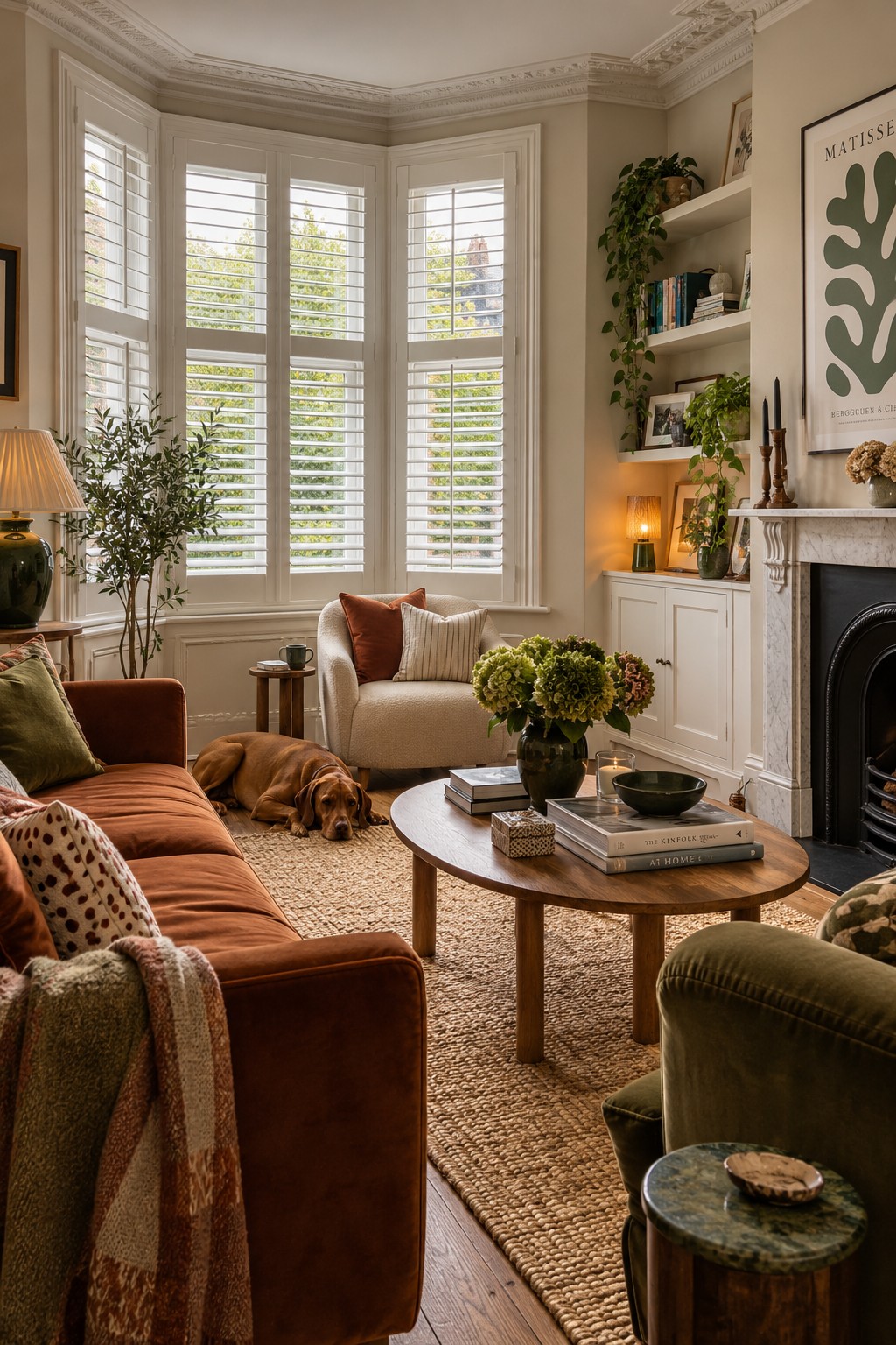 Interior shutters in a design-led Hackney living room with warm contemporary styling