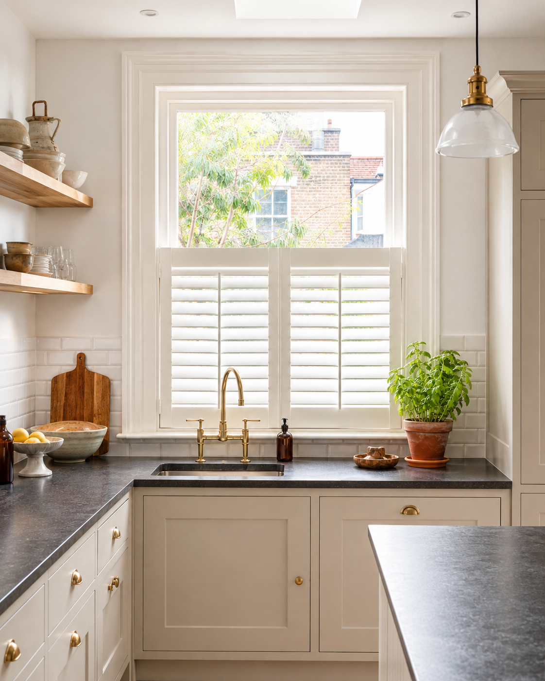 Café style shutters across the lower half of a kitchen window