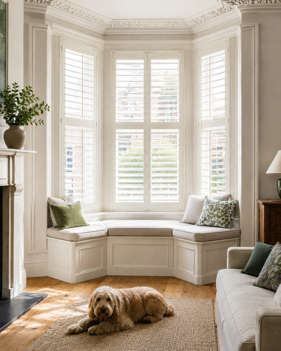 Shutters fitted around the angles of a period bay window