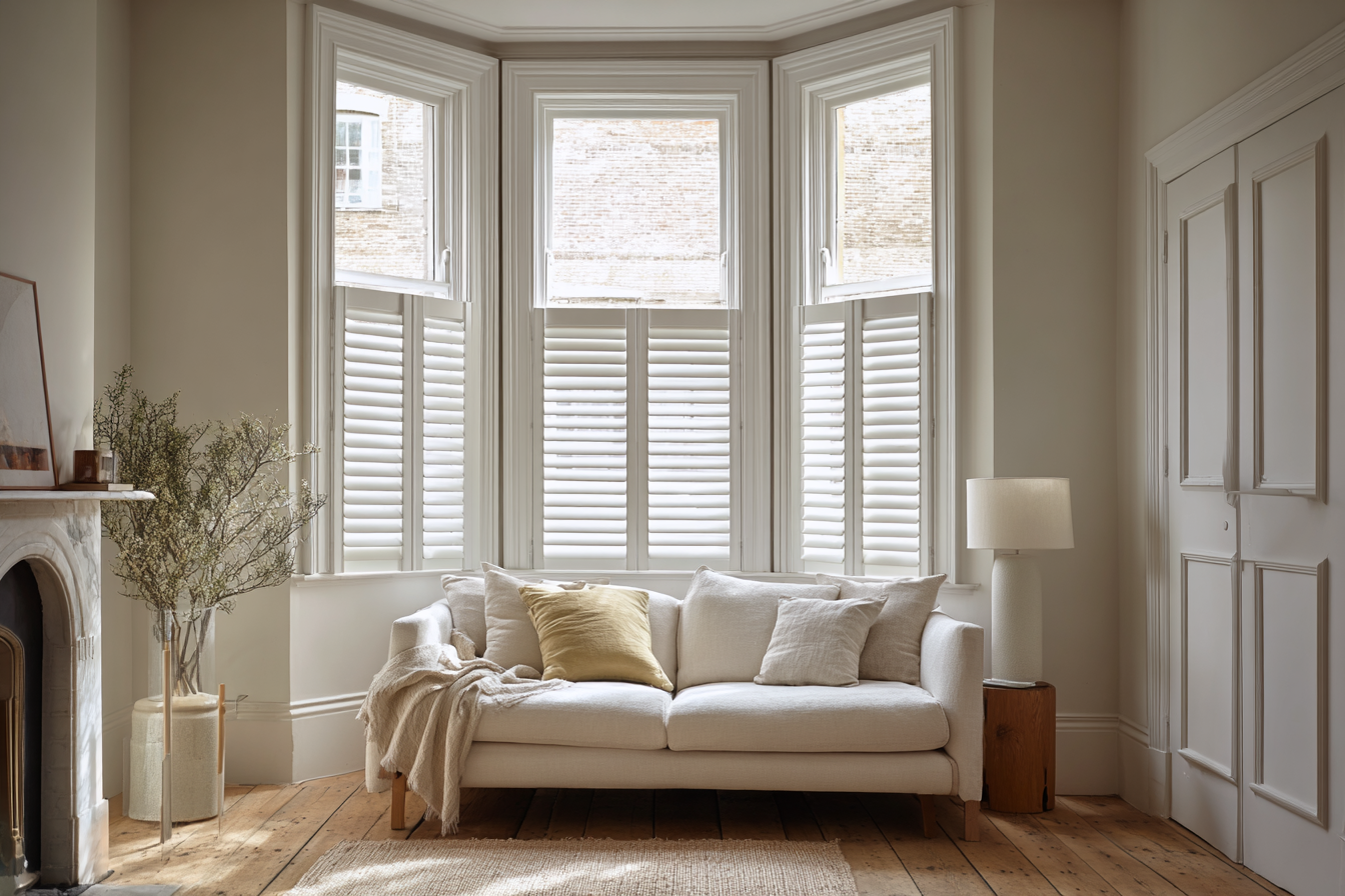 Cafe Style Bay window shutters in an east London victorian terrace living room
