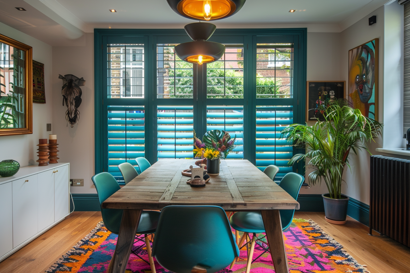 turquoise painted shutters in a London Dining Space
