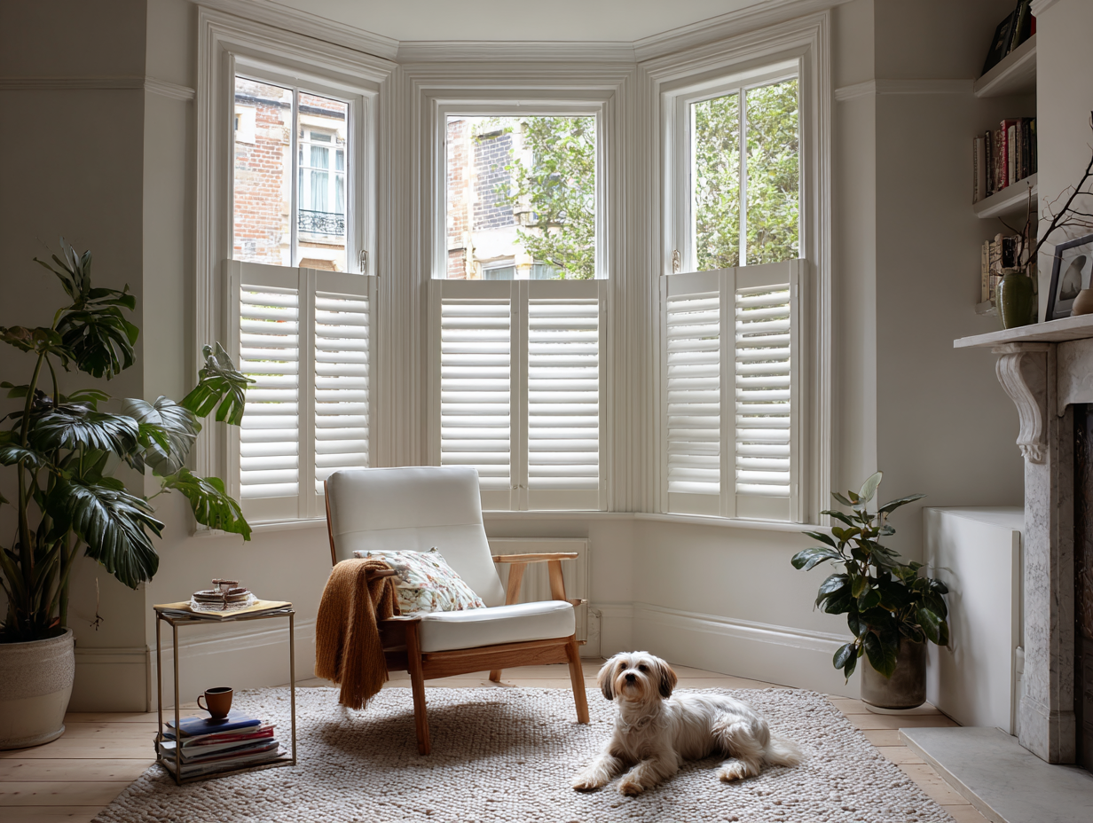 High-end minimalist Hackney Victorian terrace living room with large bay window and white café-style plantation shutters, soft morning light, neutral tones, designer chair, houseplants, and a small dog resting on a textured rug.