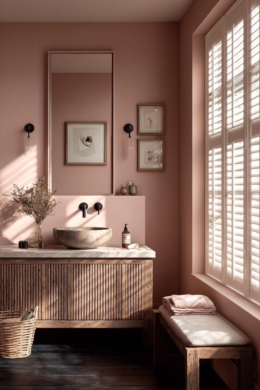A calm pink bathroom with a lovely sink and the plantation shutters with the natural sunlight streaming through to give a lovely light in the bathroom. You can close the plantation shutters to give you total privacy also.
