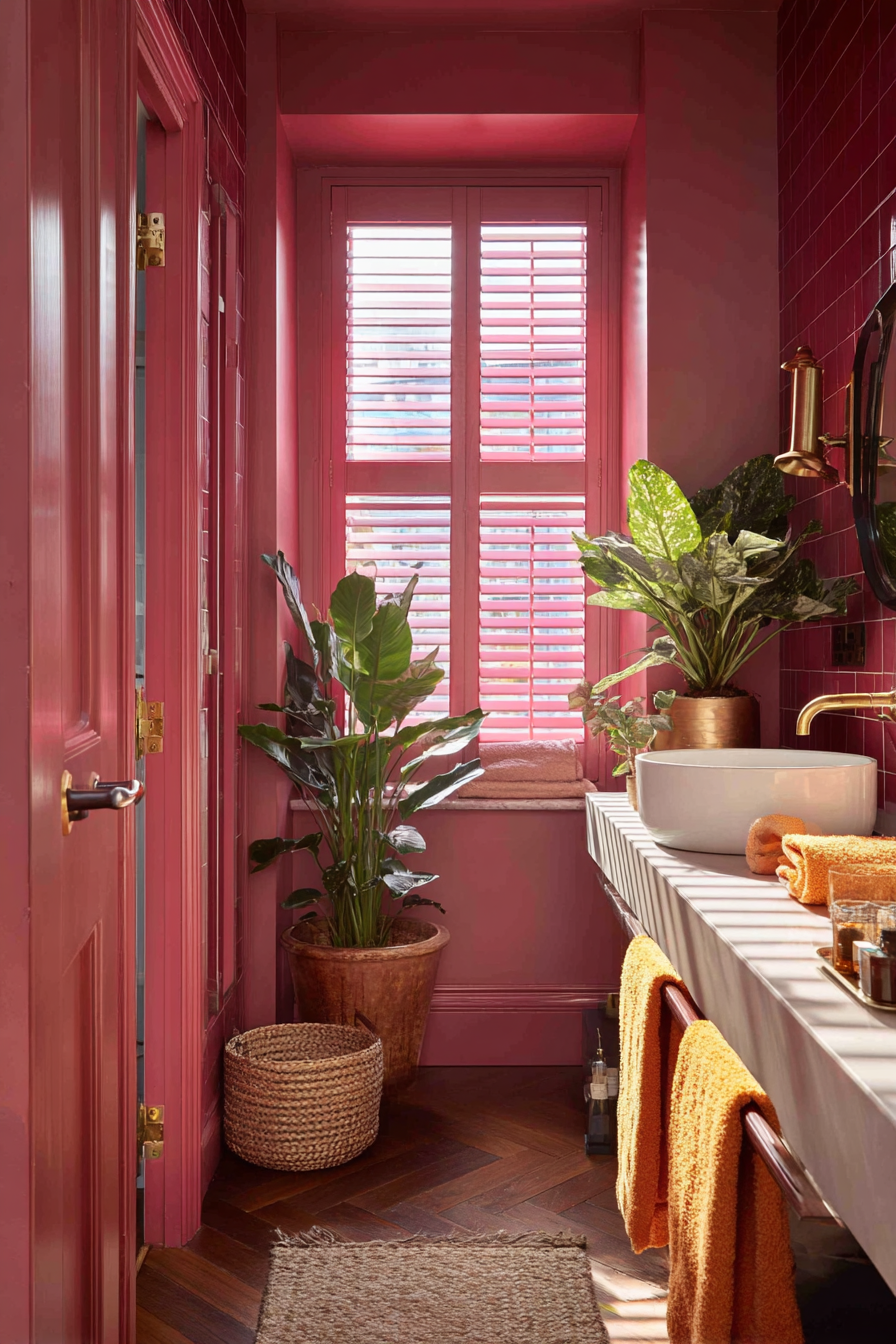 pink bathroom with pink customised shutters in an east london home