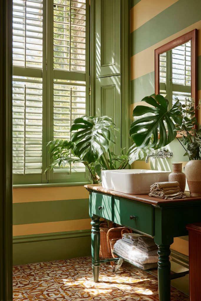 An East London bathroom with painted green shutters and stripy walls with fun character and green house plants 