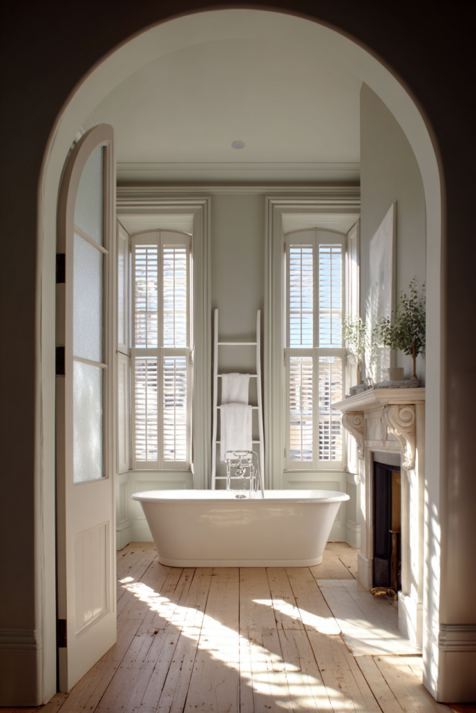 A serene Georgian-style background through an arched doorway with full-height plantation shutters, with the sun streaming through onto a free-standing bath. 