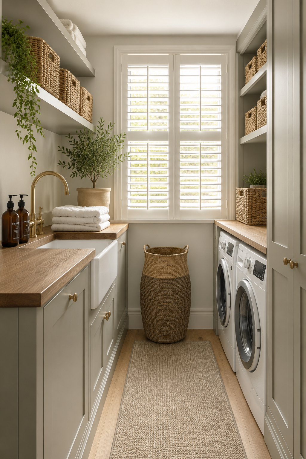 Laundry room in East London home with plantation shutters.
