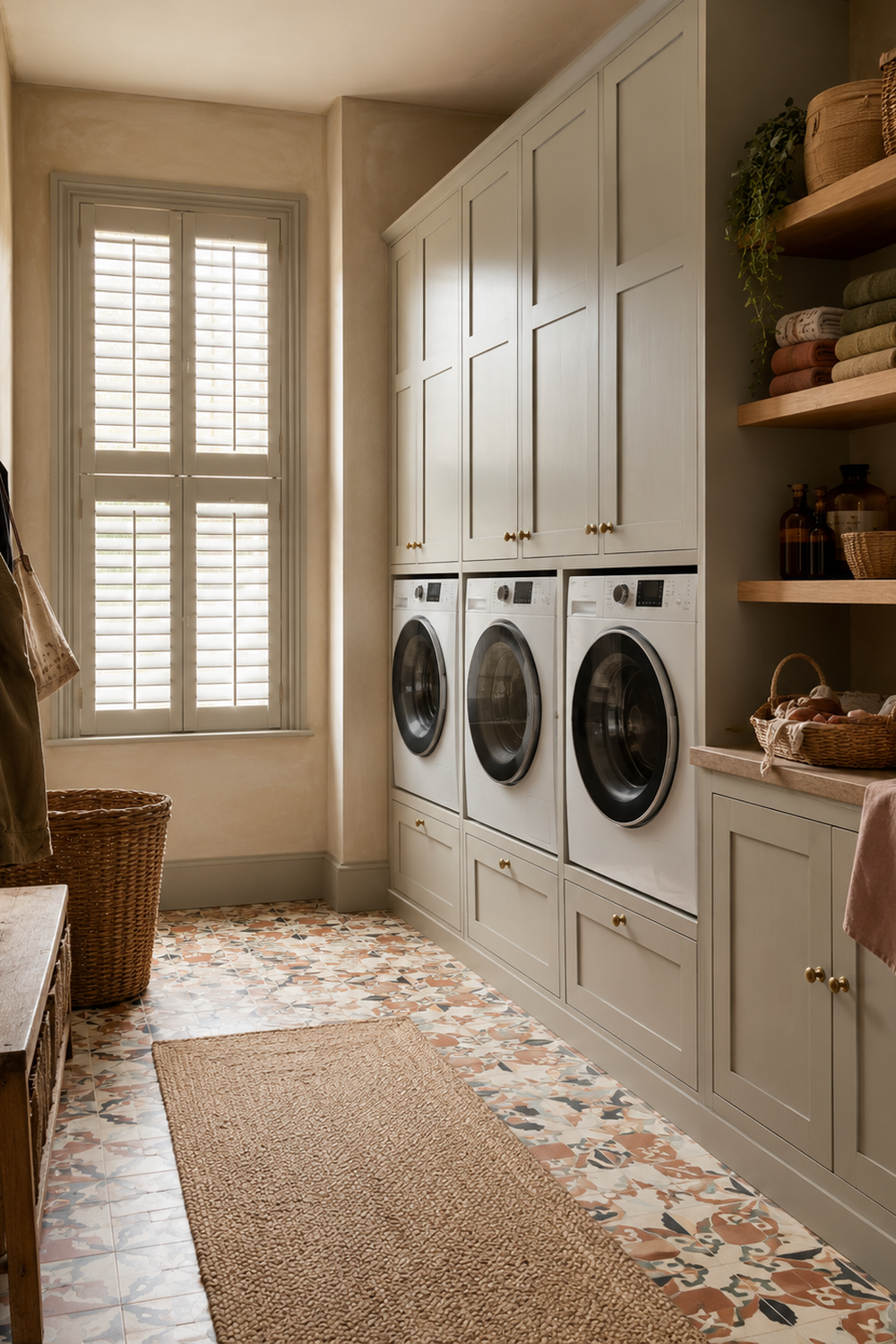 luxury laundry room with plantation shutters